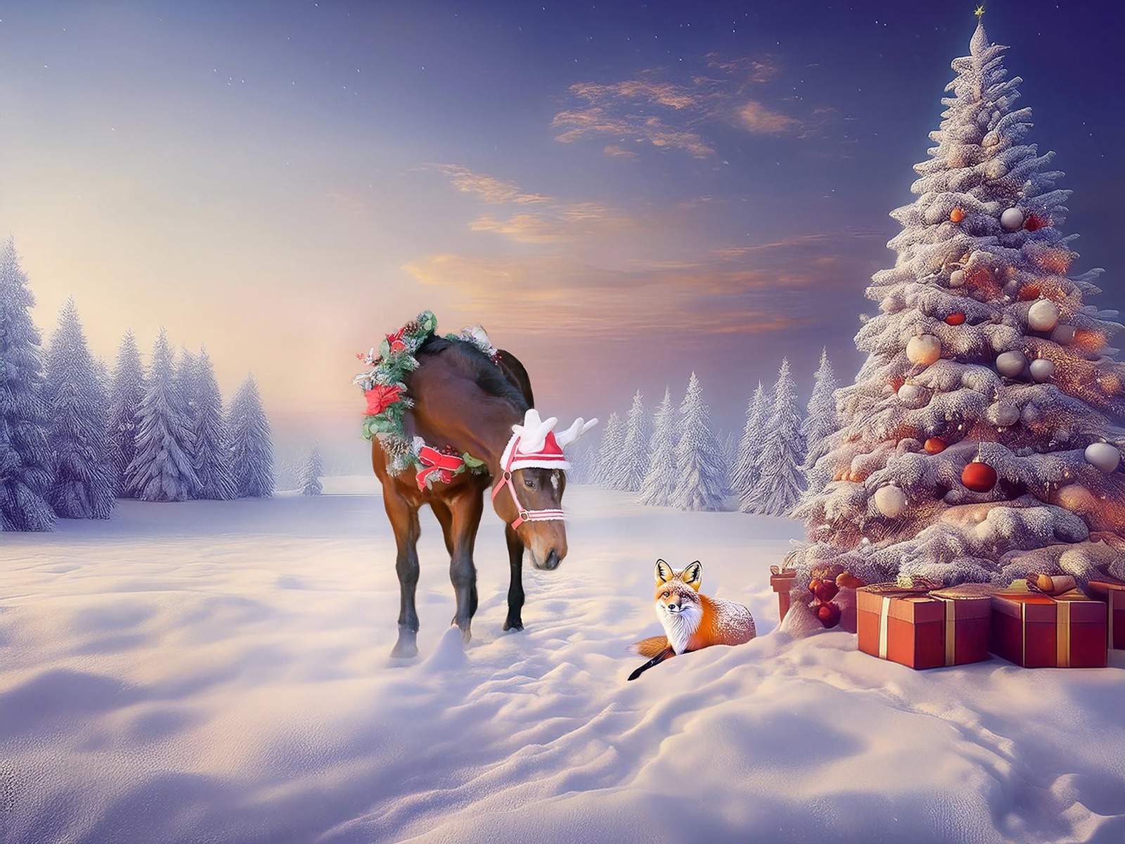 composite holiday scene: horse in reindeer hood beside a fox and Christmas tree