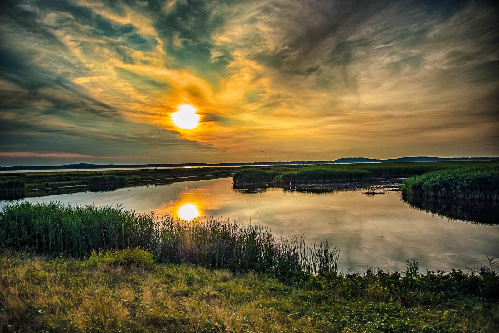 Sunset reflecting over wetland marsh and reeds
